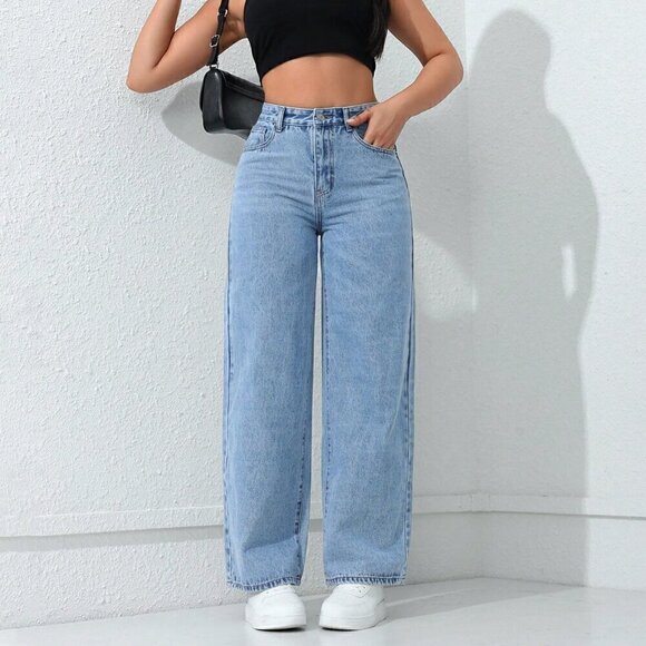 Denim - Light Wash Casual Women's Loose Fit Straight-Leg Jeans With Pockets